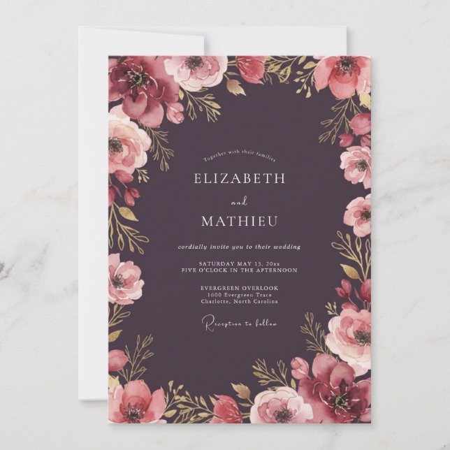 Invitación Boda Flor de Ciruela Profunda (Anverso)