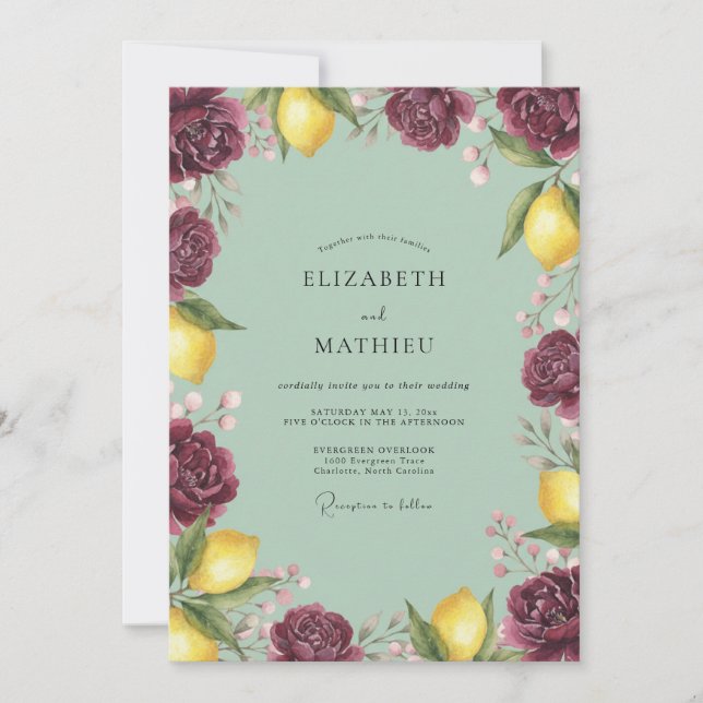 Invitación Boda Flor de Cítrico Borgoña (Anverso)