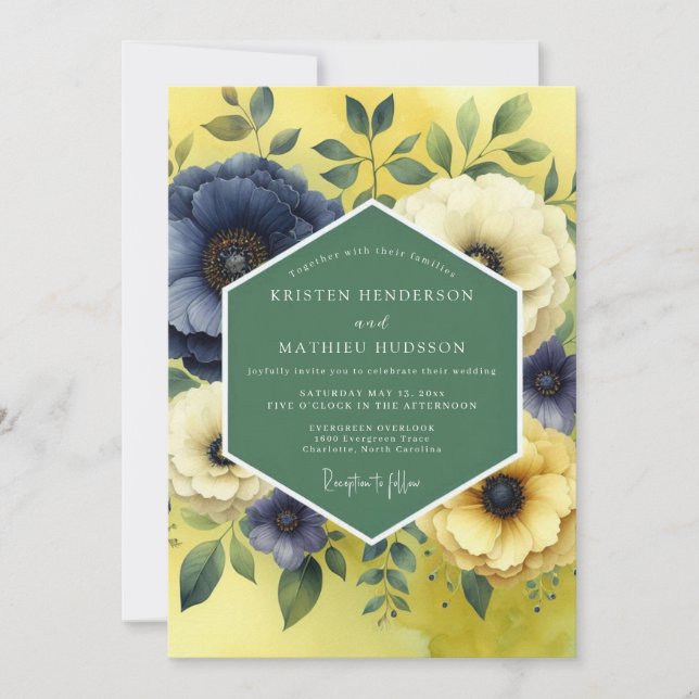 Invitación Boda Flor de Cítrico Índigo (Anverso)