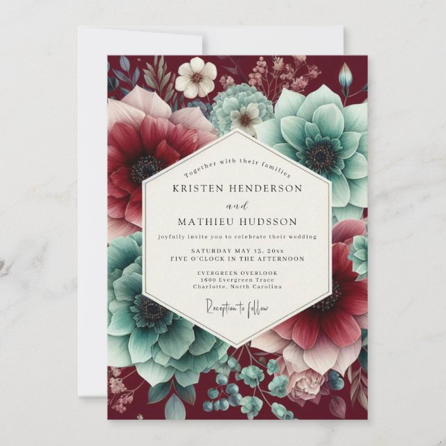 Invitación Boda Flor de Claret Teal Moody (Anverso)