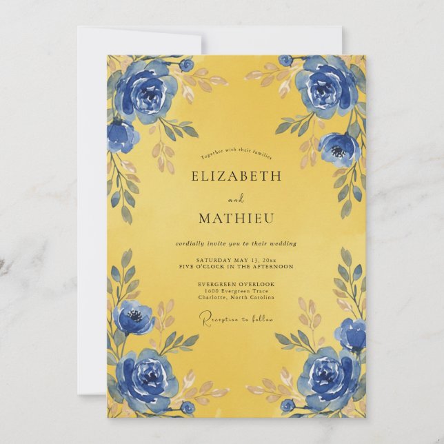 Invitación Boda Flor de Cobalto Dorado (Anverso)