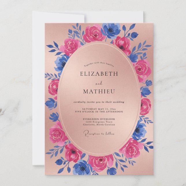 Invitación Boda Flor de Cobalto Magenta (Anverso)