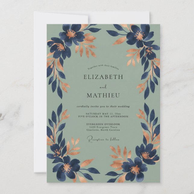 Invitación Boda Flor de Cobre Índigo (Anverso)