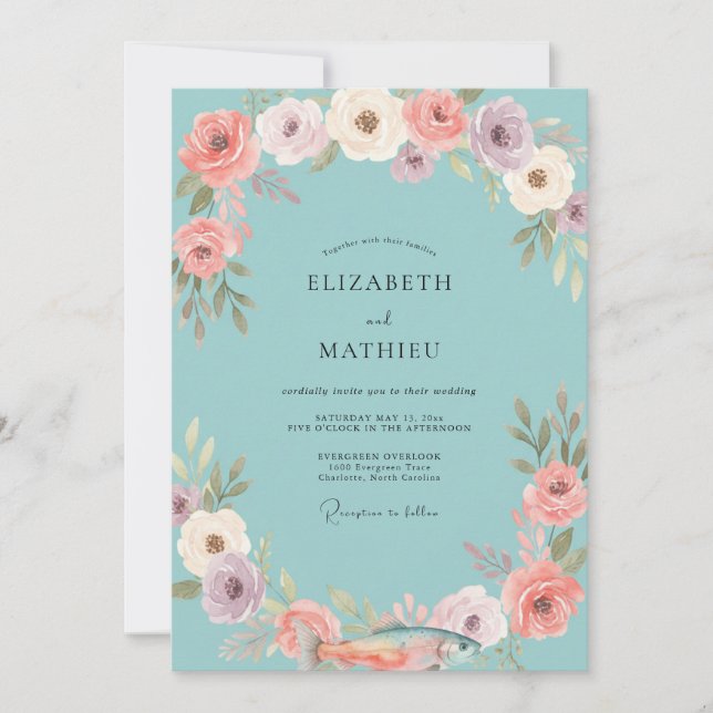 Invitación Boda Flor de Coral Acuática (Anverso)