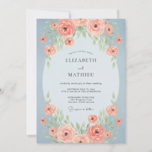 Invitación Boda Flor de Coral Azul Acero