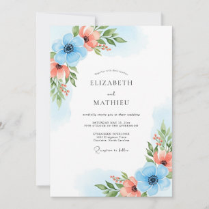 Invitación Boda Flor de Coral Azul Celeste