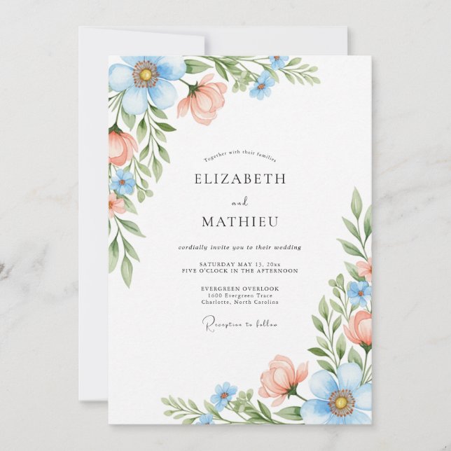 Invitación Boda Flor de Coral Azul Celeste (Anverso)