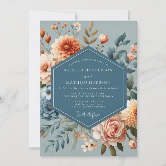 Invitación Boda Flor de Coral Azul Pizarra (Anverso)