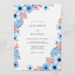 Invitación Boda Flor de Coral Azul Polvoriento