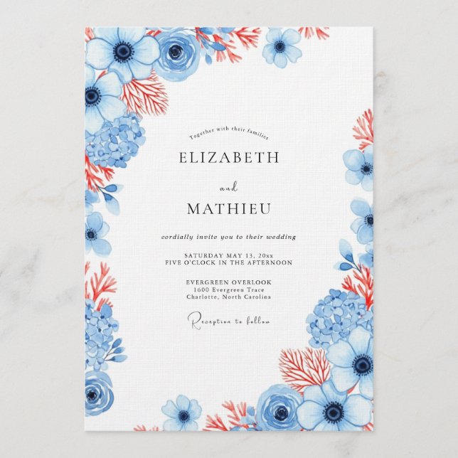 Invitación Boda Flor de Coral Azul Polvoriento (Anverso)