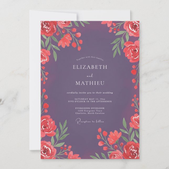 Invitación Boda Flor de Coral Ciruela (Anverso)