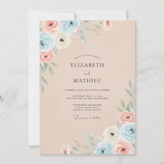 Invitación Boda Flor de Coral de Champán (Anverso)