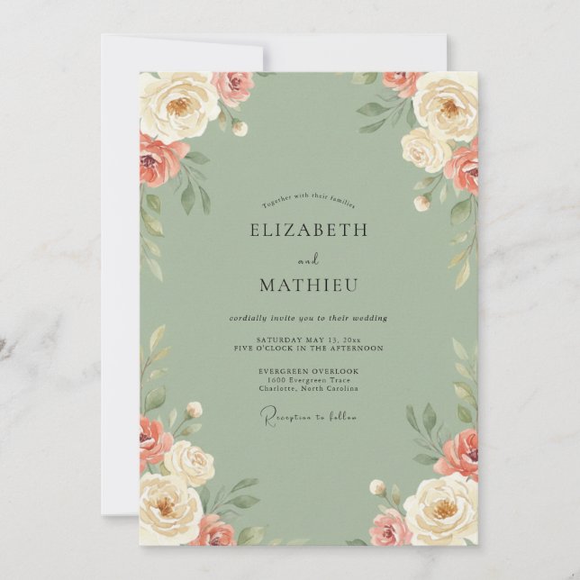 Invitación Boda Flor de Coral Oliva (Anverso)
