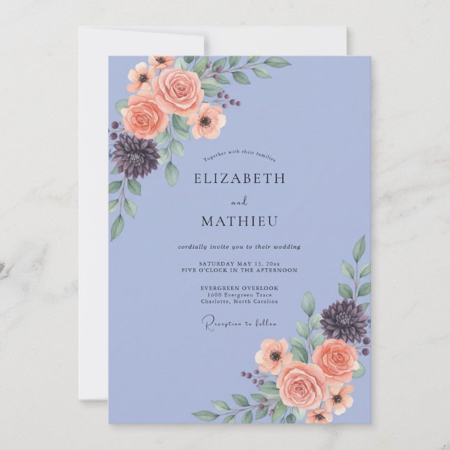 Invitación Boda Flor de Coral Periwinkle (Anverso)