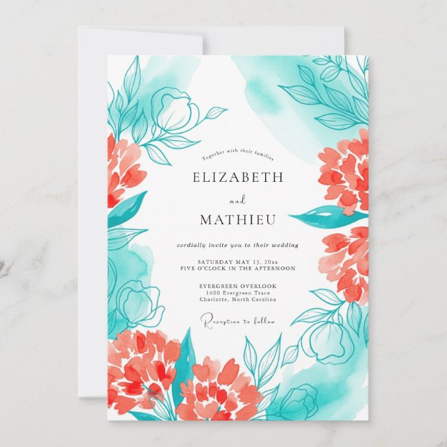 Invitación Boda Flor de Coral Teal (Anverso)