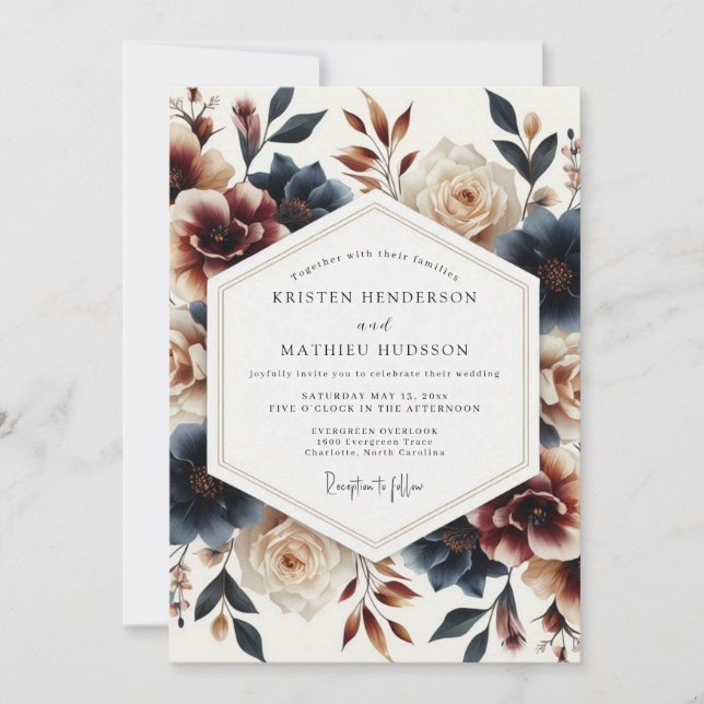 Invitación Boda Flor de Crecimiento Painterly Índigo (Anverso)