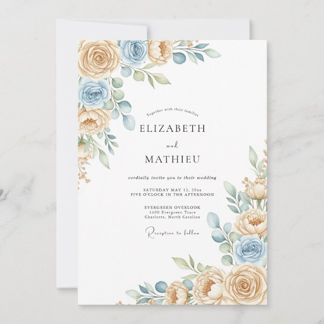 Invitación Boda Flor de Crema Azul Etéreo (Anverso)