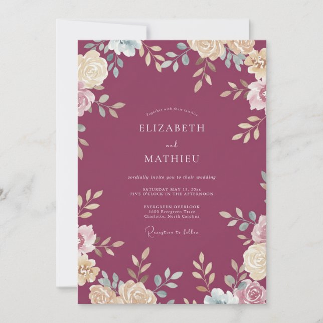 Invitación Boda Flor de Crema Cálida Ciruela (Anverso)