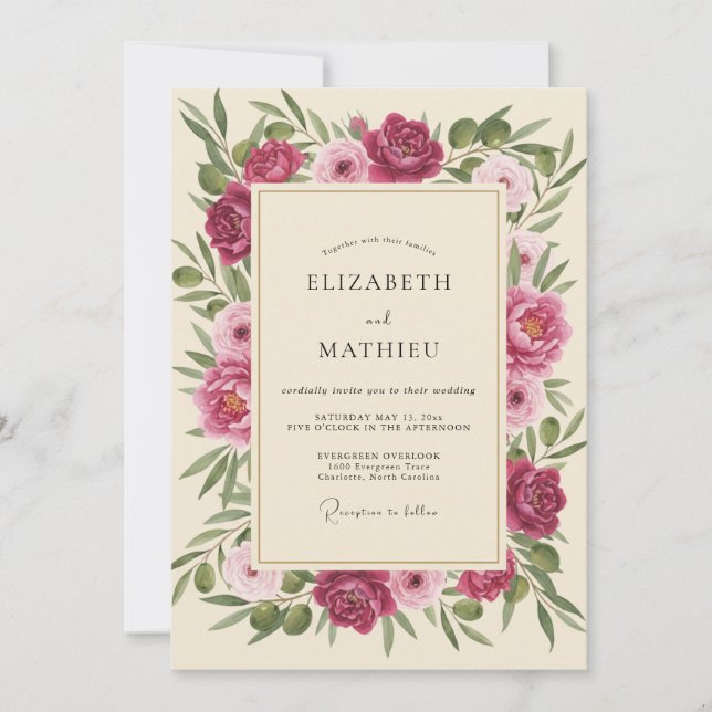 Invitación Boda Flor de Crema Fucsia (Anverso)