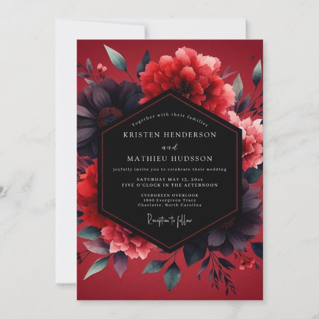 Invitación Boda Flor de Crepúsculo Carmesí (Anverso)