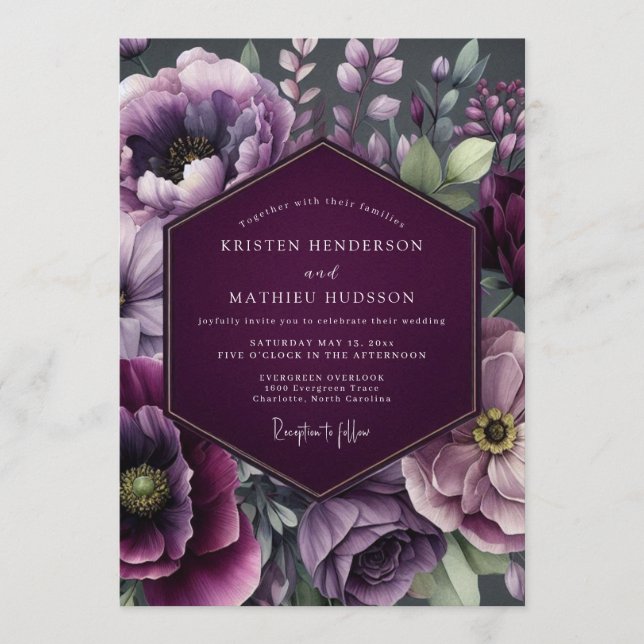 Invitación Boda Flor de Crepúsculo Ciruela (Anverso)