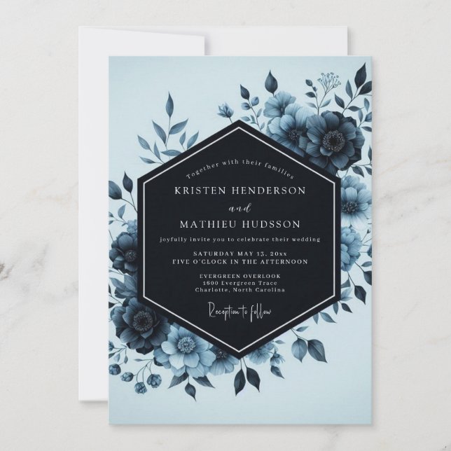 Invitación Boda Flor de Crepúsculo Índigo (Anverso)