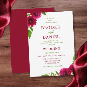 Invitación Boda Flor de Crisantemo Burgundy Hoja Verde