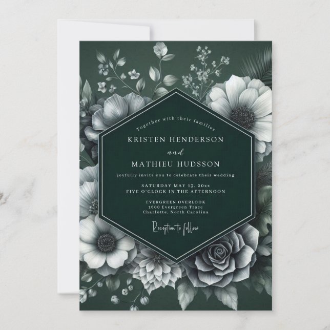Invitación Boda Flor de Cromaticidad Esmeralda (Anverso)
