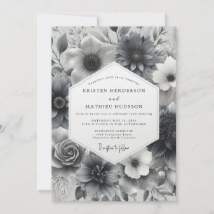 Invitación Boda Flor de Escala de Grises de Carbón