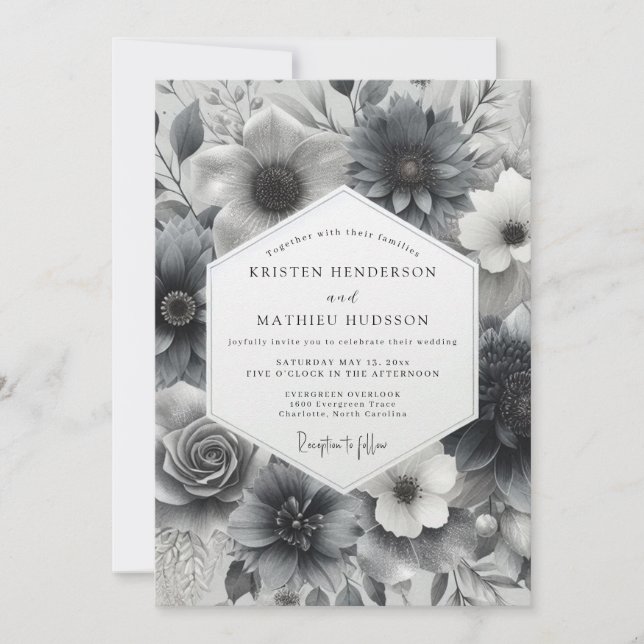 Invitación Boda Flor de Escala de Grises de Carbón (Anverso)