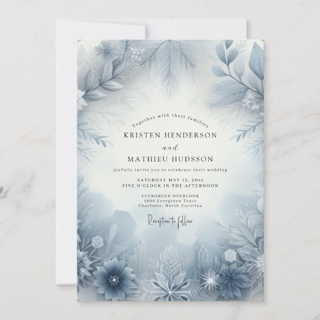 Invitación Boda Flor de Escarcha Azul Pizarra (Anverso)
