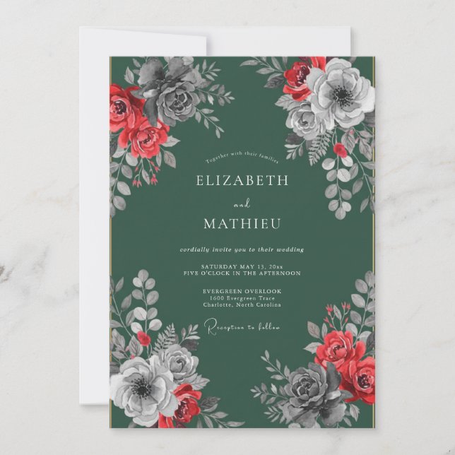 Invitación Boda Flor de Esmeralda Carmesí (Anverso)
