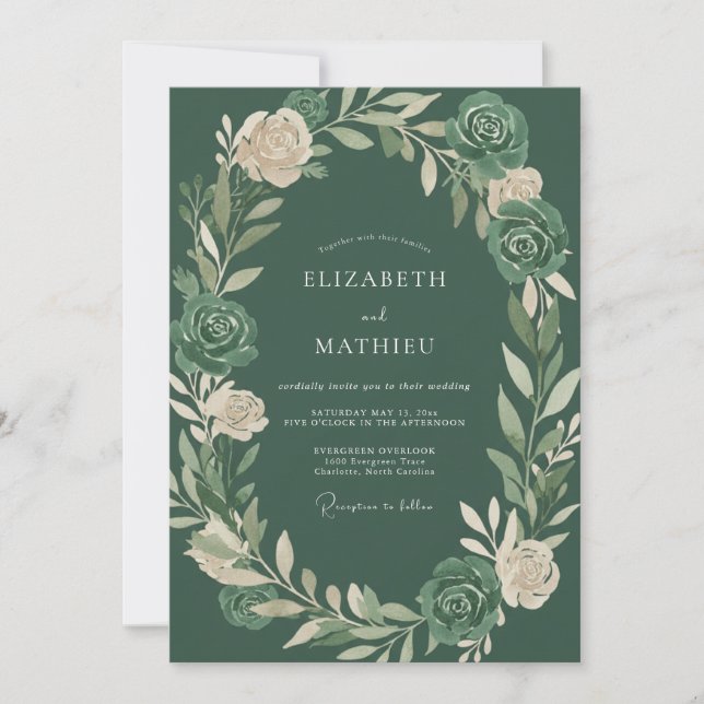 Invitación Boda Flor de Esmeralda Profunda (Anverso)