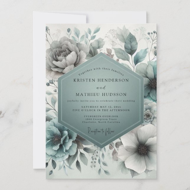 Invitación Boda Flor de Etéreo Verde (Anverso)