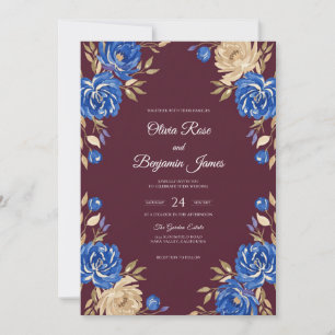 Invitación Boda Flor de Eucalipto Cobalto Borgoña