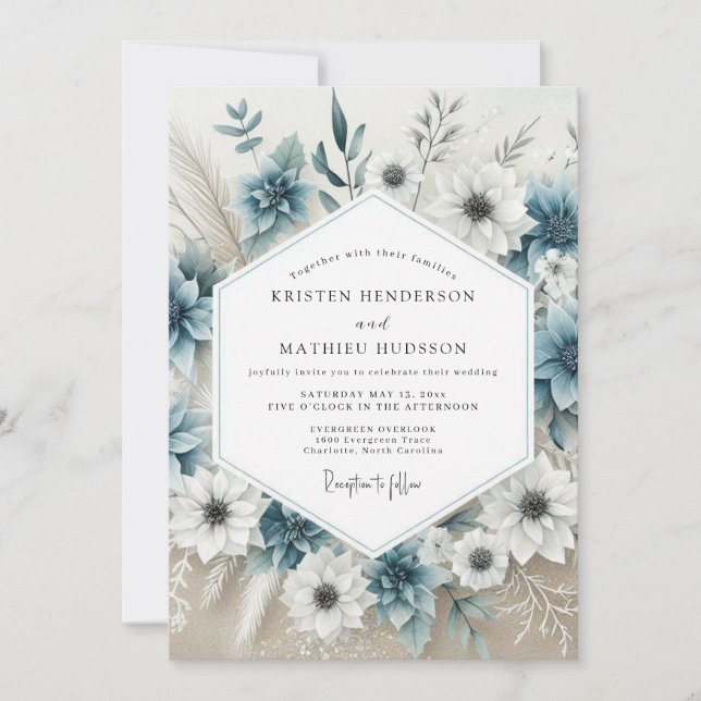 Invitación Boda Flor de Flor Azul Polvoriento (Anverso)