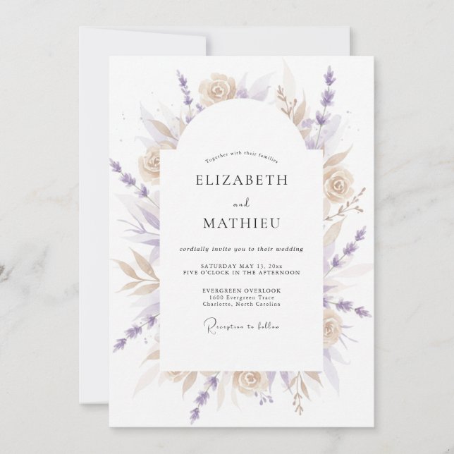 Invitación Boda Flor de Flor Lavanda Beige Etérea (Anverso)