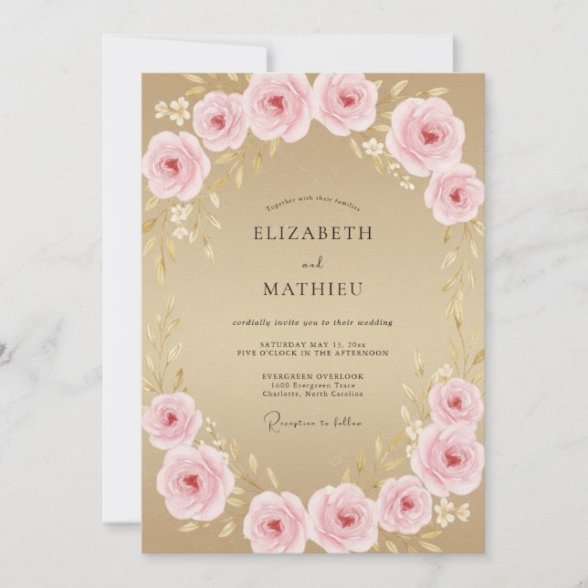 Invitación Boda Flor de Floración Rosa Champán (Anverso)