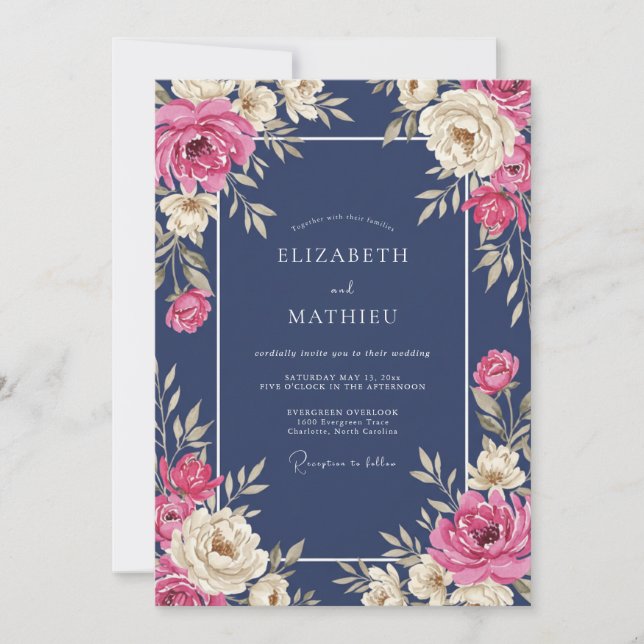 Invitación Boda Flor de Fuchsia de Medianoche (Anverso)