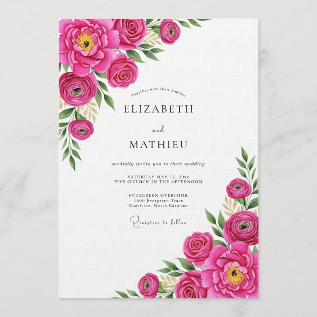 Invitación Boda Flor de Fuchsia Pintada (Anverso)