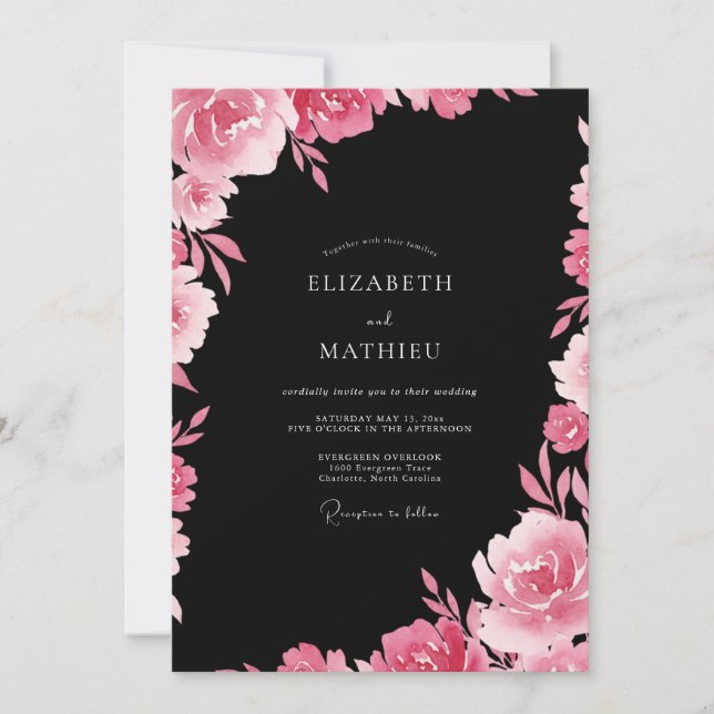 Invitación Boda Flor de Fucsia Negra (Anverso)