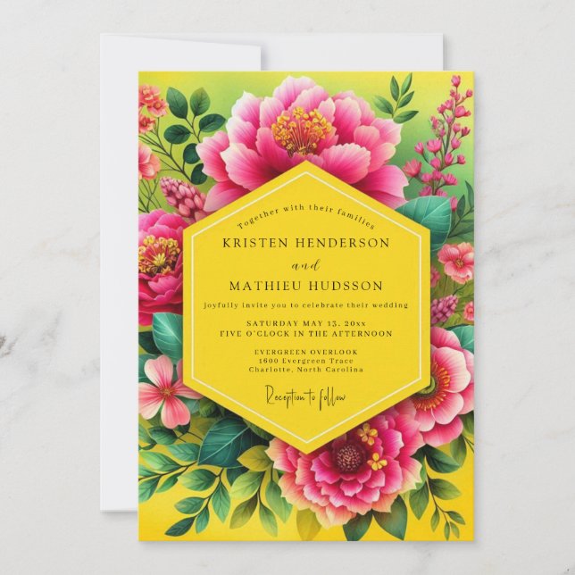 Invitación Boda Flor de Fucsia Vibrante (Anverso)