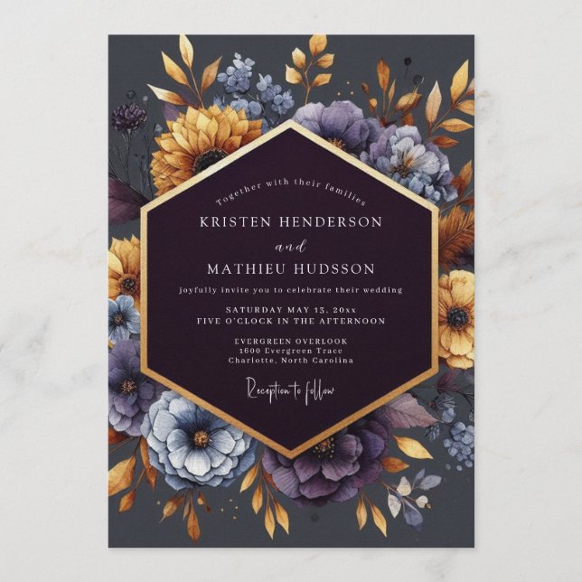 Invitación Boda Flor de Gilded Índigo (Anverso)