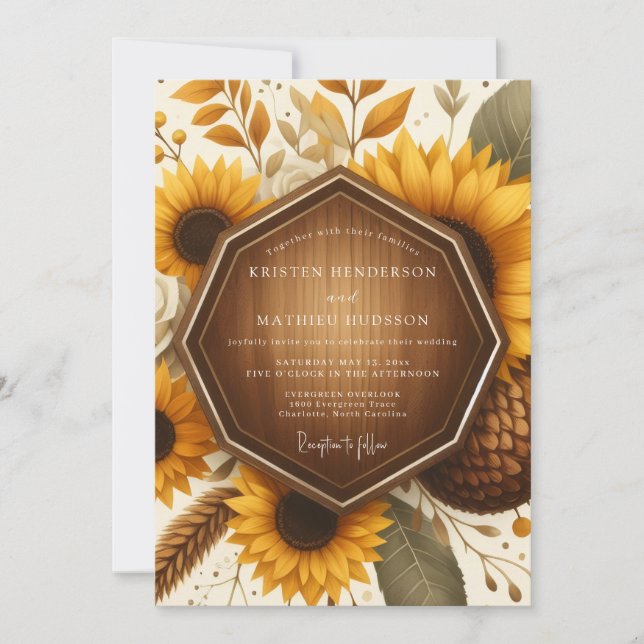 Invitación Boda Flor de Girasol de Veta de Madera (Anverso)