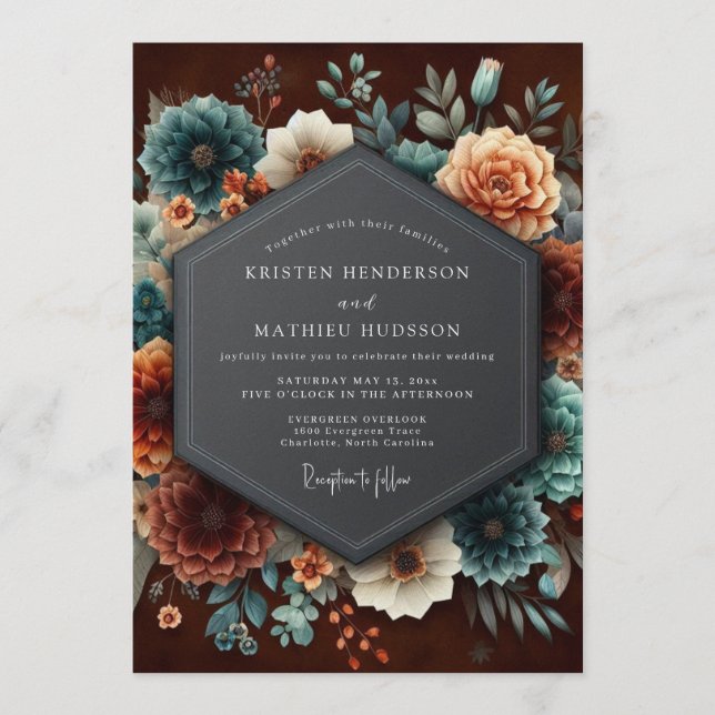 Invitación Boda Flor de Holanda Burgundy Teal (Anverso)