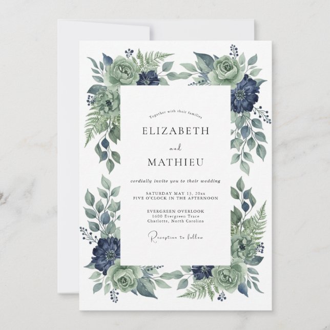 Invitación Boda Flor de Índigo de Acero (Anverso)