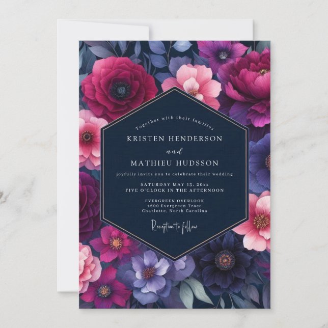 Invitación Boda Flor de Índigo Fucsia (Anverso)
