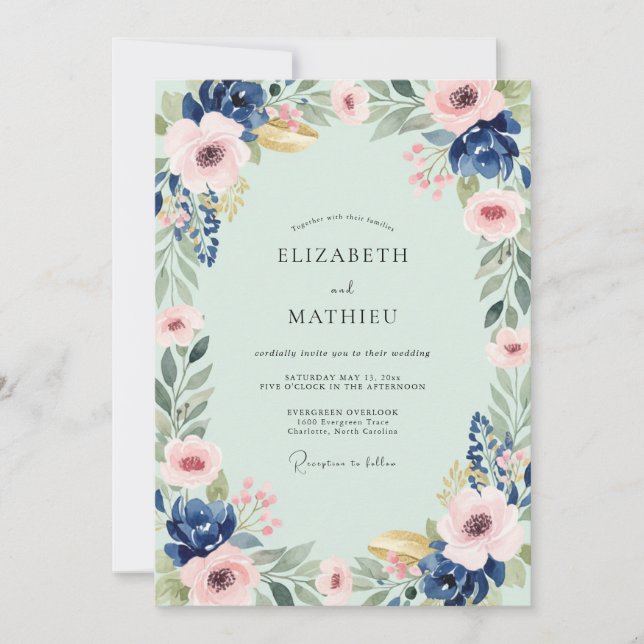 Invitación Boda Flor de Indigo Menta (Anverso)