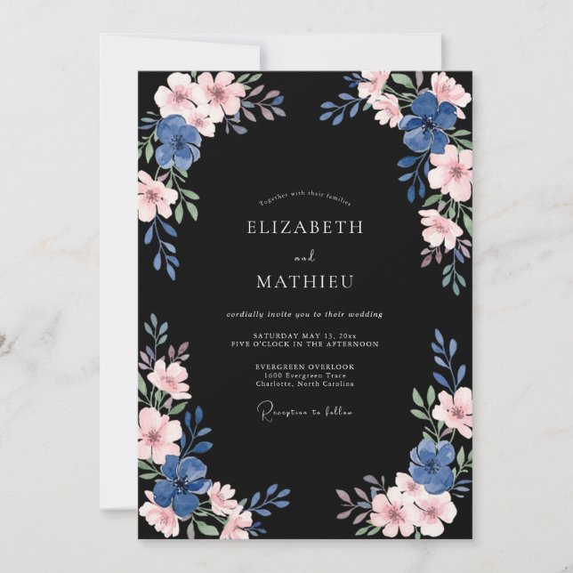Invitación Boda Flor de Índigo Negro (Anverso)