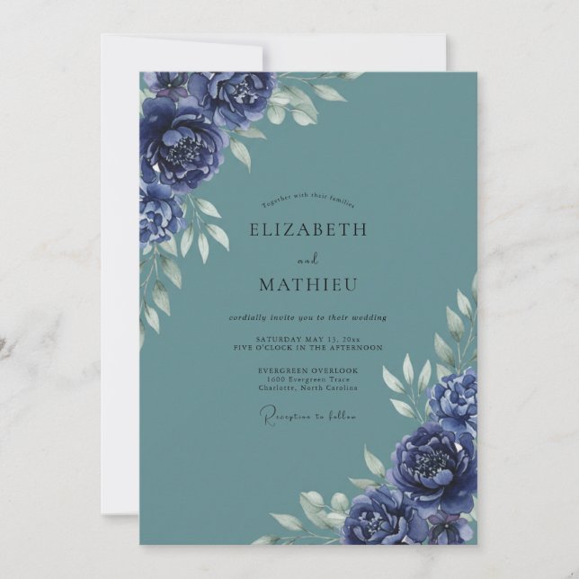 Invitación Boda Flor de Índigo Pizarra (Anverso)